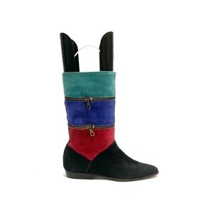 Vintage 1980s women’s colorblock suede zipper mid calf fashion boots